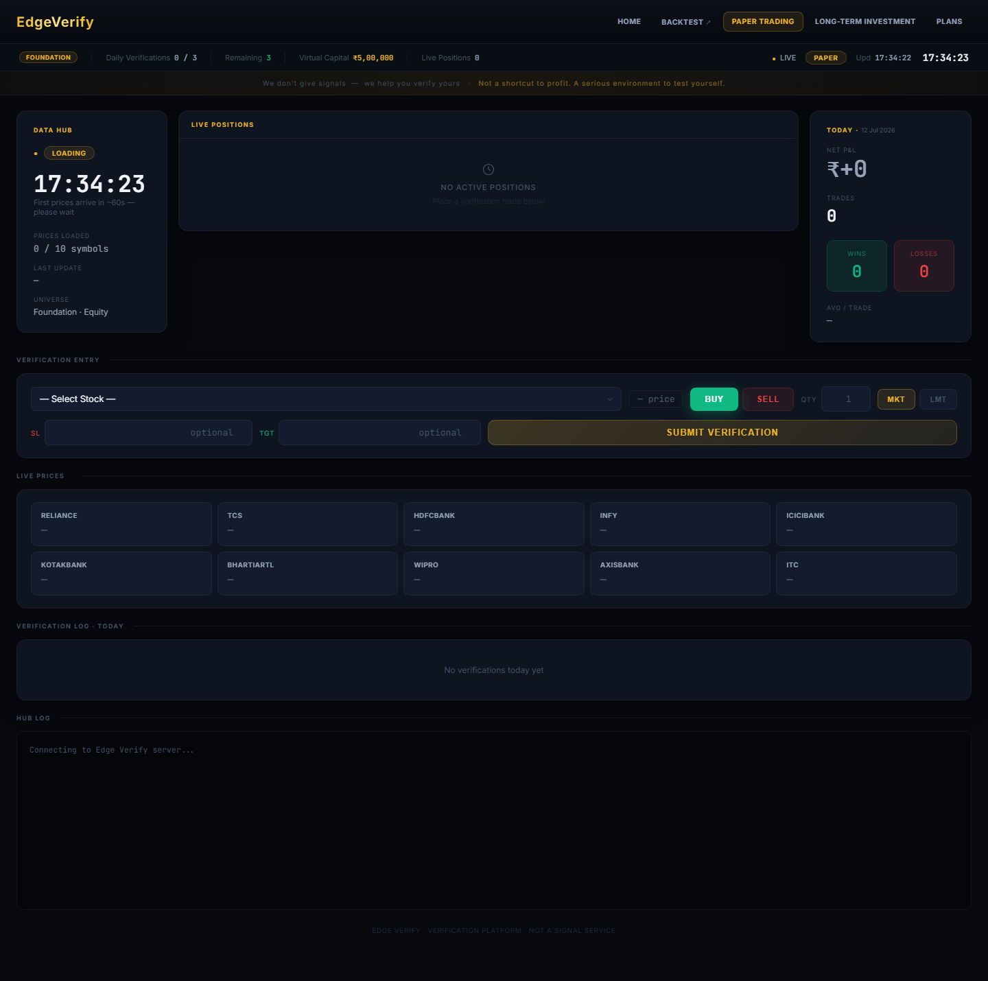 Edge Verify paper-trading dashboard